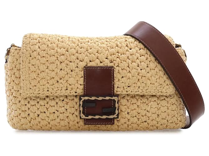 Bolso satchel baguette de rafia de croché Fendi marrón Castaño Cuero  ref.1392110