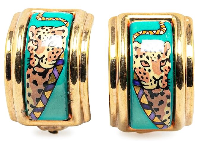 Pendientes de clip con esmalte cloisonné de leopardo Hermès dorados Metal  ref.1392125