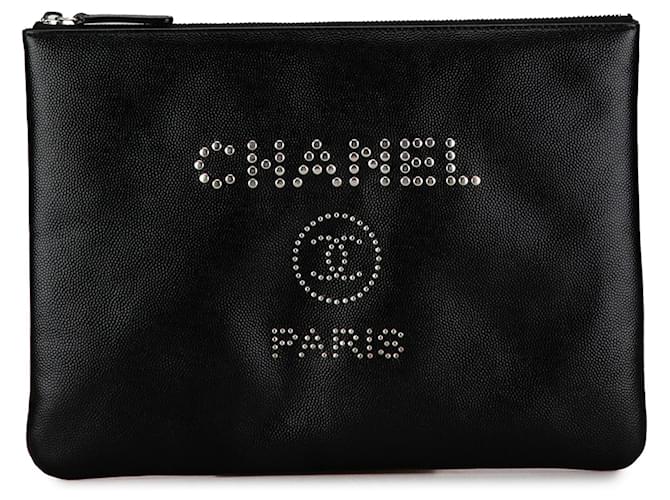 Bolsa Clutch Chanel Média Caviar Deauville Preta Preto Couro  ref.1392133