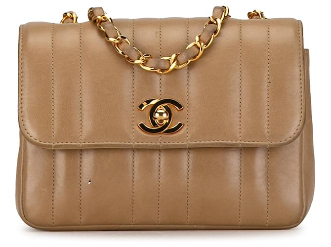 Tan Chanel Mini Calfskin Vertical Quilt Flap Crossbody Bag Camel Leather  ref.1392138