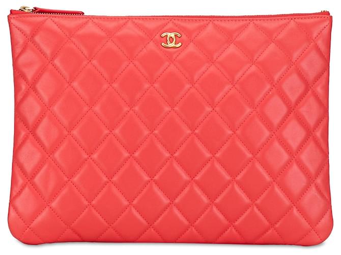 Red Chanel Quilted Lambskin O Case Clutch Leather  ref.1392141