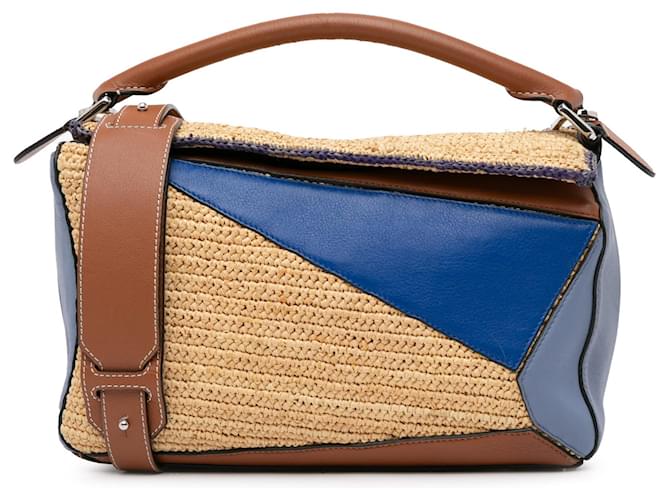 Bolso satchel Puzzle mediano LOEWE de piel y rafia multicolor azul Cuero  ref.1392145