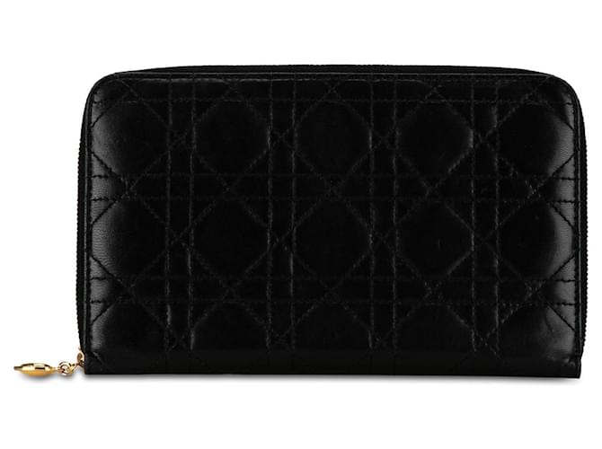 Black Dior Lambskin Cannage Zip Around Organizer Wallet Leather  ref.1392146