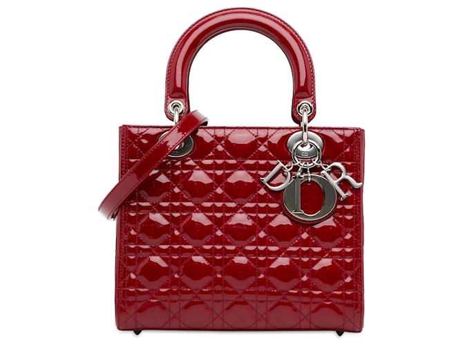 Bolso satchel Lady Dior Cannage de charol mediano Dior rojo Roja Cuero  ref.1392171