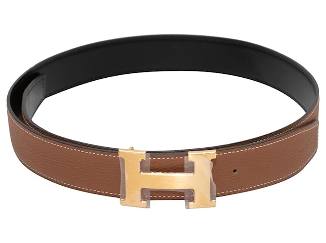 Hermès Cinturón con hebilla con logo reversible de Hermes en marrón y negro Castaño Cuero  ref.1392201