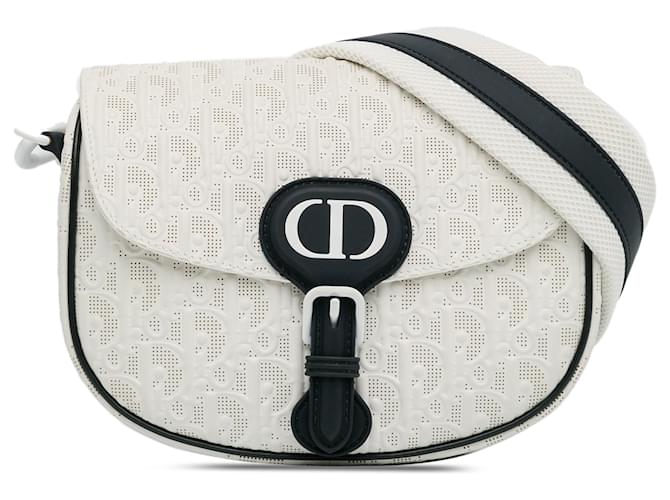 White Dior Medium Perforated Calfskin Oblique Bobby Flap Crossbody Bag Leather  ref.1392212