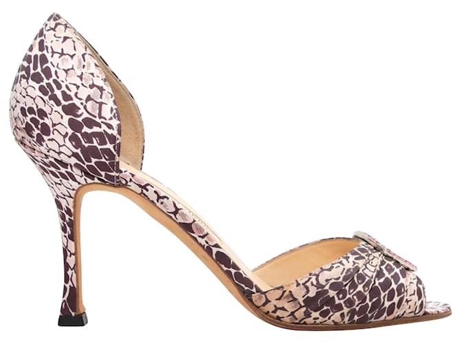 Brown & Multicolor Manolo Blahnik Snakeskin Print Embellished Peep-Toe Heels Size 36.5 Exotic leather  ref.1392216
