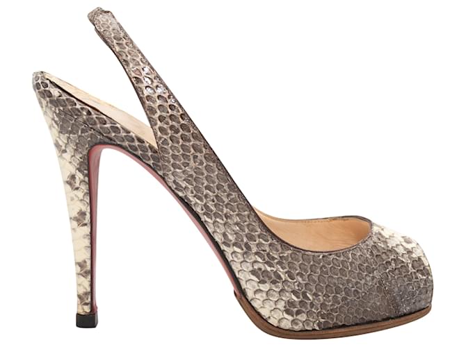 Graue und cremefarbene Christian Louboutin Python Peep-Toe Slingbacks Größe 37,5 Exotisches Leder  ref.1392219