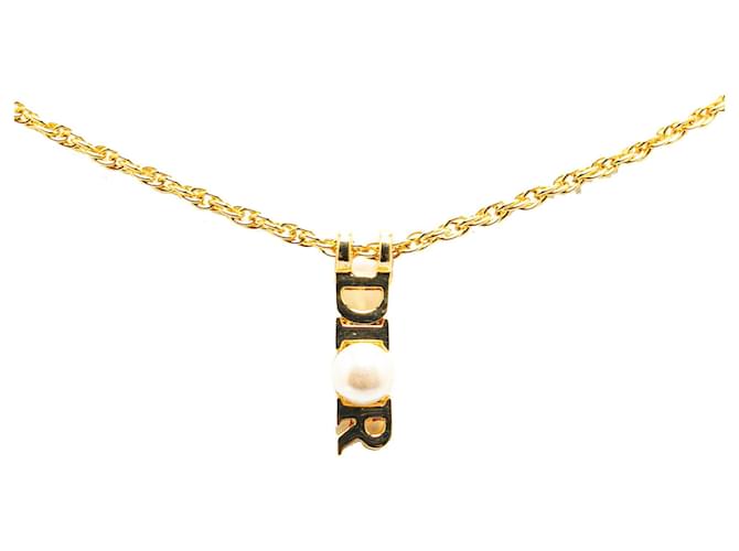 Gold Dior Logo Faux Pearl Pendant Necklace Golden Metal  ref.1392229
