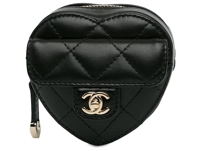 Portamonete nero Chanel in pelle di agnello CC In Love Heart con cerniera  ref.1392255