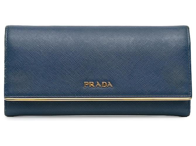 Portefeuille continental bleu Prada Saffiano Cuir  ref.1392280