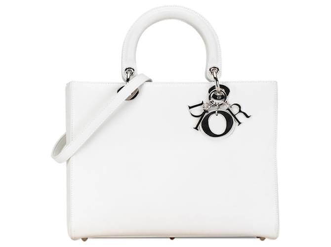 White Dior Large Calfskin Lady Dior Satchel Leather  ref.1392286