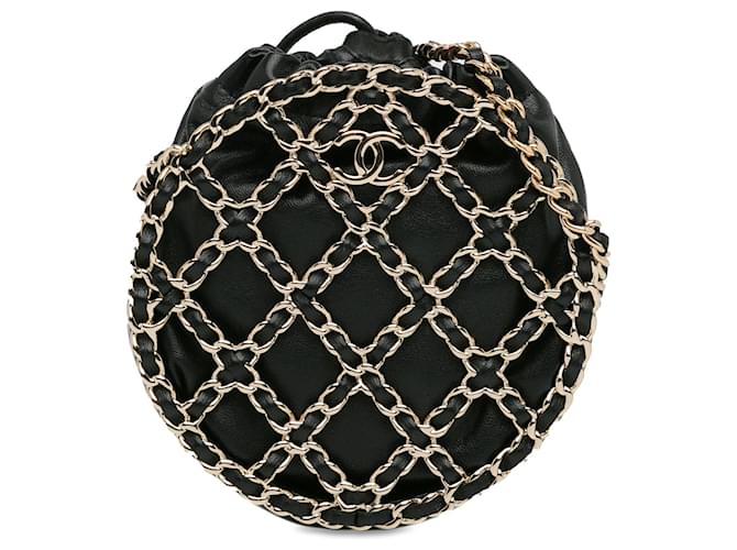 Black Chanel Lambskin Round Caged Chain Around Crossbody Leather  ref.1392312