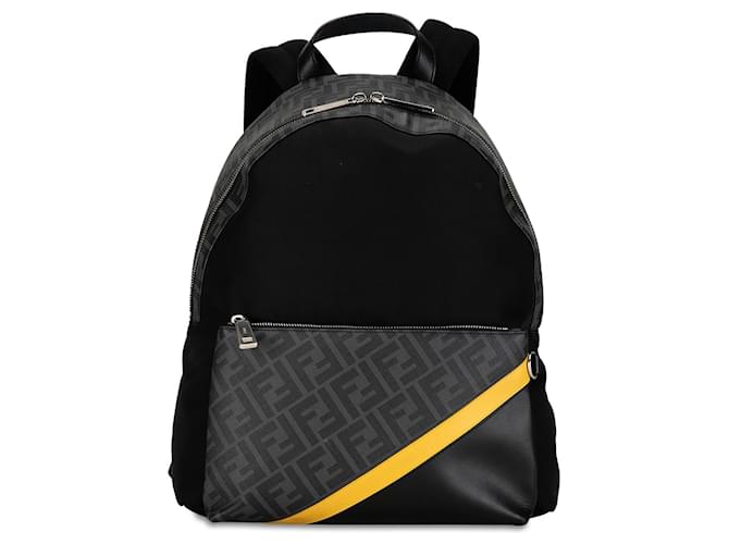 Mochila diagonal de nailon y lona revestida Fendi Zucca negra Negro Cuero  ref.1392326