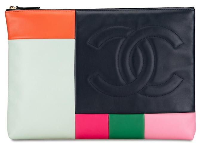 Pochette Chanel grande nera in pelle di agnello colorblock patchwork O Case Nero  ref.1392365