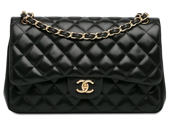 Bolsa de ombro com aba preta Chanel Jumbo Classic com forro de pele de cordeiro Preto Couro  ref.1392385
