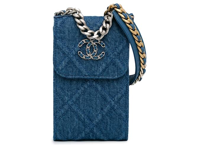 Porta teléfono azul Chanel Denim 19 con cartera de cadena Cuero  ref.1392388