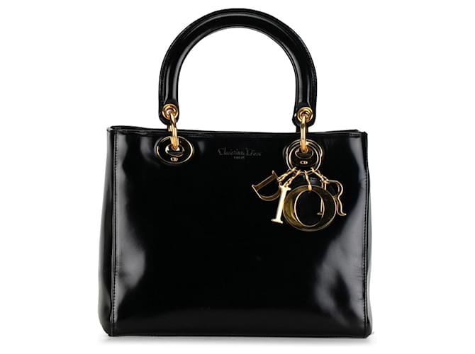 Bolsa Dior Preta Média Patente Lady Dior Preto Couro  ref.1392412