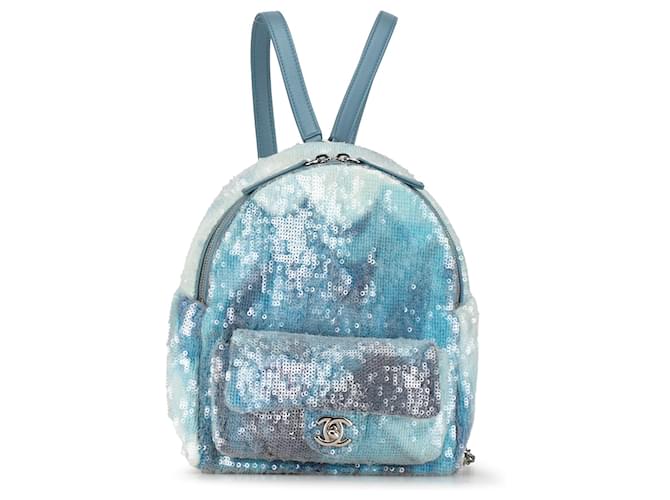 Blauer Chanel-Rucksack mit dreifarbigem Wasserfall-Paillettenmuster Leder  ref.1392417