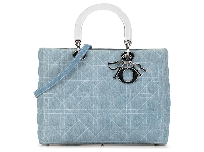 Borsa Lady Dior grande in denim Cannage blu Plastica  ref.1392418