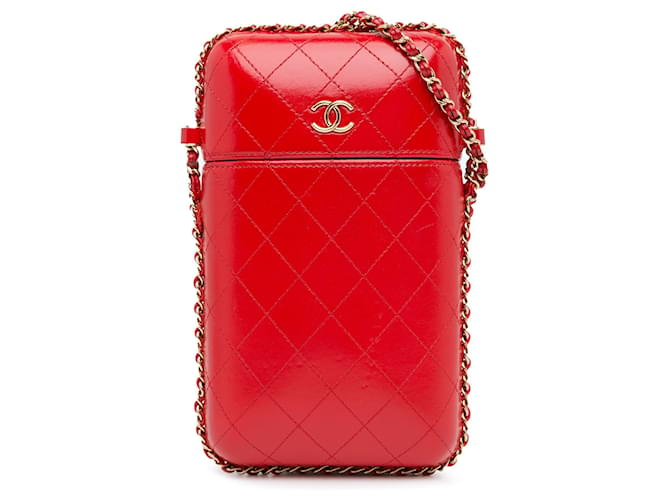 Borsa a tracolla porta telefono con catena rossa Chanel CC trapuntata in pelle di vitello Rosso  ref.1392426