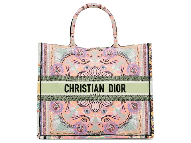 Bolsa grande de lona bordada rosa Dior  ref.1392458