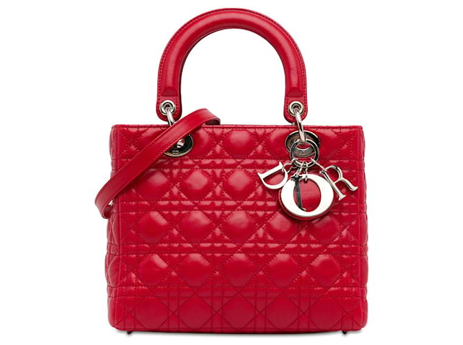 Red Dior Medium Lambskin Cannage Lady Dior Satchel Leather  ref.1392460