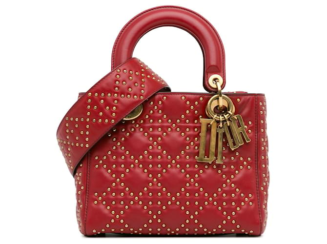 Petit sac à main Lady Dior souple clouté Cannage en cuir d'agneau rouge Dior  ref.1392461