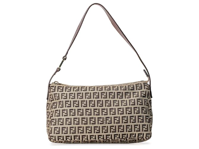Brown Fendi Zucchino Canvas Pochette Shoulder Bag Leather  ref.1392539