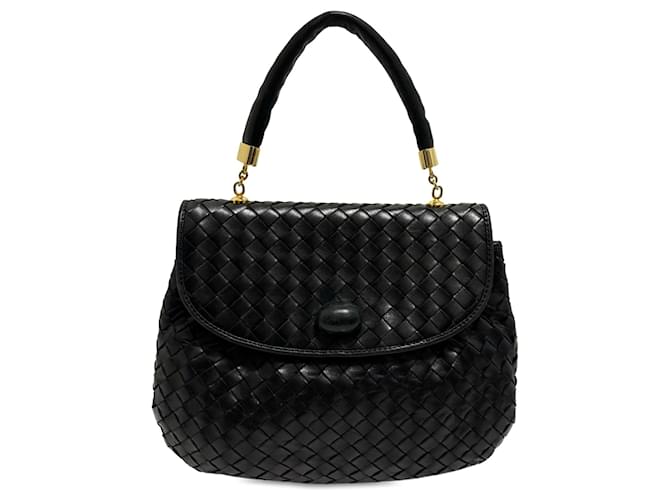 Bolsa Bottega Veneta Intrecciato Preta com Aba Preto Couro  ref.1392576