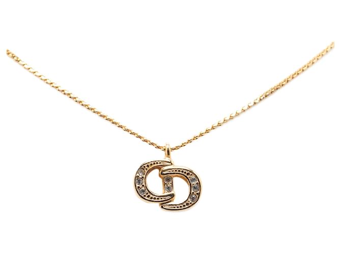 Gold Dior Logo Rhinestone Pendant Necklace Golden  ref.1392588