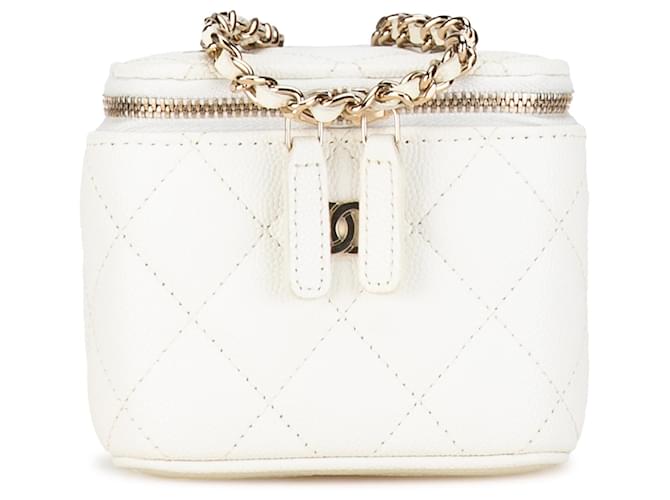 Vanity Mini beauty case Chanel bianco in caviale con borsa a tracolla a catena Pelle  ref.1392600