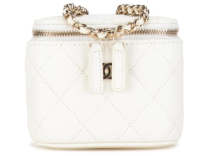 White Chanel Mini Caviar Vanity Case with Chain Crossbody Bag Leather  ref.1392600