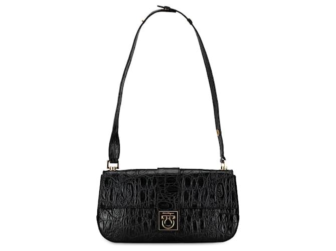 Salvatore Ferragamo Bolso de hombro de cuero en relieve Ferragamo Gancini negro  ref.1392639