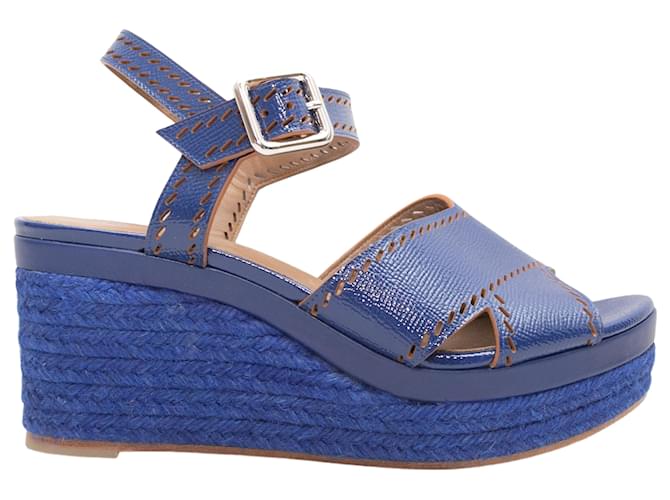 Trim Hermès Blue Hermes Leather Espadrille Wedge Sandals Size 39  ref.1392665