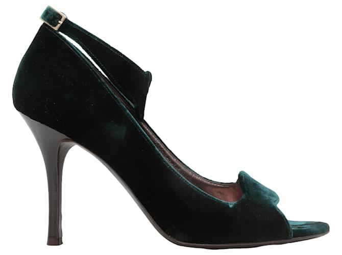 Céline Dark Green Celine Velvet Ankle Strap Heels Size 39  ref.1392676