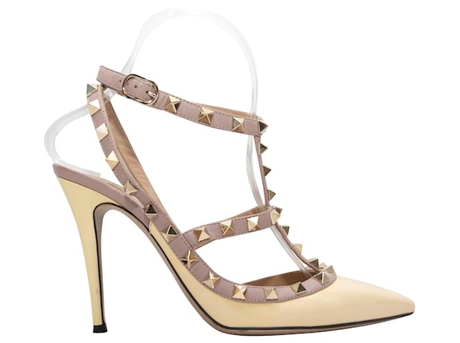Light Yellow & Beige Valentino Pointed-Toe Rockstud Cage Heels Size 37.5 Cloth  ref.1392677