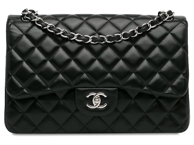 Black Chanel Jumbo Classic Lambskin Double Flap Shoulder Bag Leather  ref.1392683