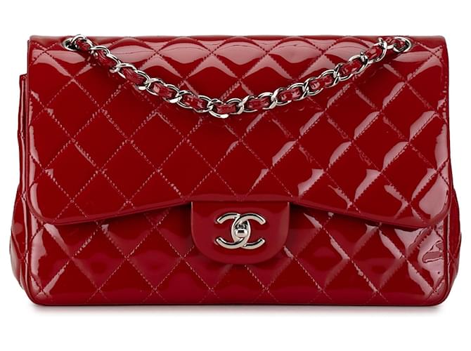 Red Chanel Jumbo Classic Patent Double Flap Shoulder Bag Leather  ref.1392690