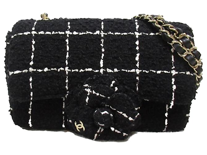 Black Chanel Mini Tweed Camellia Flap Crossbody Bag Leather  ref.1392700