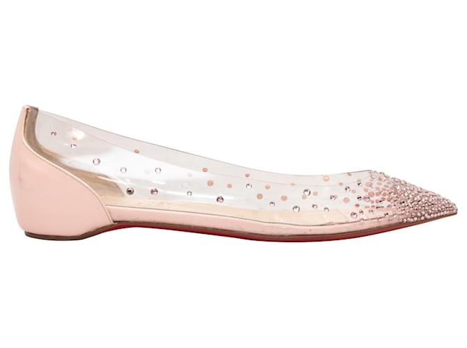 Hellrosa und klare Christian Louboutin Ballerinas mit spitzer Spitze und Kristallverzierung, Größe 36 Pink Leinwand  ref.1392726