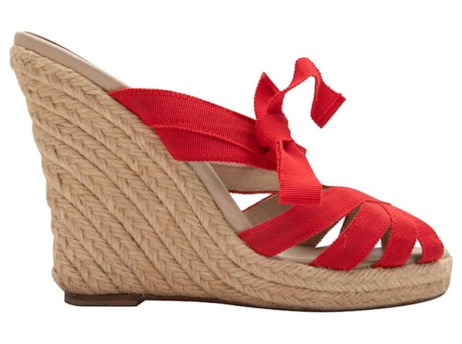 Red Christian Louboutin Grosgrain Espadrille Wedge Sandals Size 37 Cloth  ref.1392736