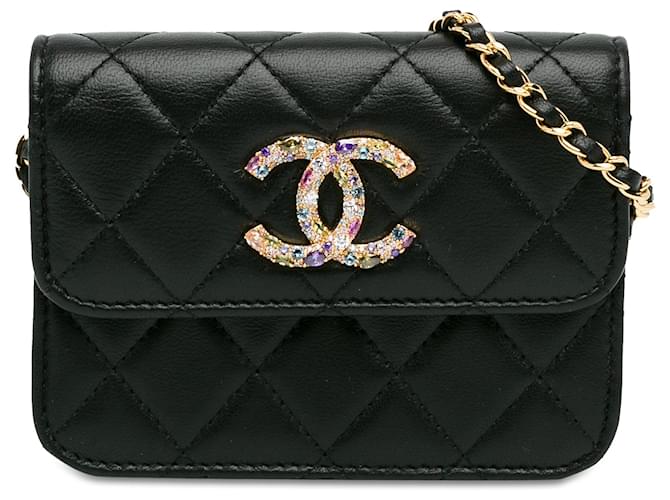 Pochette noire Chanel en cuir d'agneau et zirconium avec sac à bandoulière en chaîne  ref.1392755