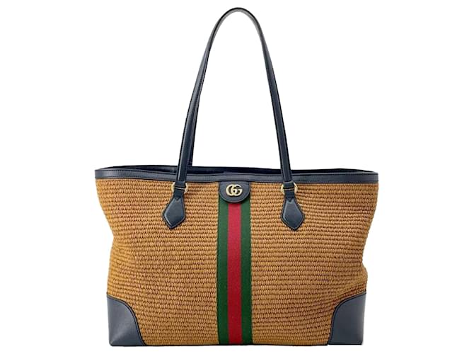 Tan Gucci Medium Raffia Ophidia Tote Bag Camel Leather  ref.1392758