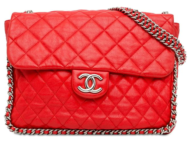 Red Chanel Maxi Washed Lambskin Chain Around Flap Shoulder Bag Leather  ref.1392817