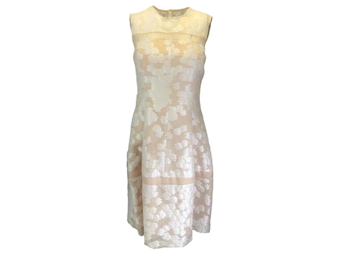 Autre Marque Lela Rose Beige / White Sheer Detail Floral Jacquard Sleeveless Satin Dress Polyester  ref.1393369