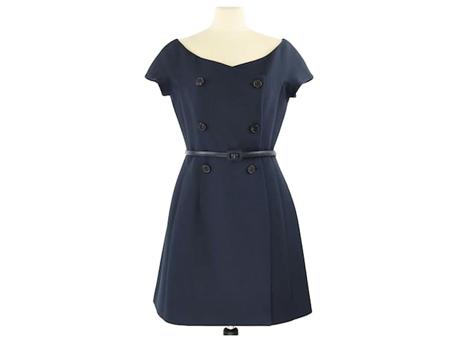 Christian Dior – Marineblaues mittellanges Kleid mit Gürtel Seide  ref.1393406