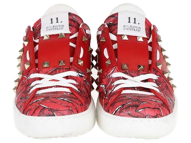 Valentino Red Printed Rockstud Low Top Sneakers Leather  ref.1393411