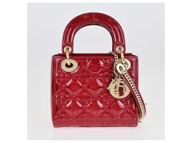 Christian Dior Borsa tote Dior Mini Lady Dior rossa Cannage Rosso Pelle  ref.1393426