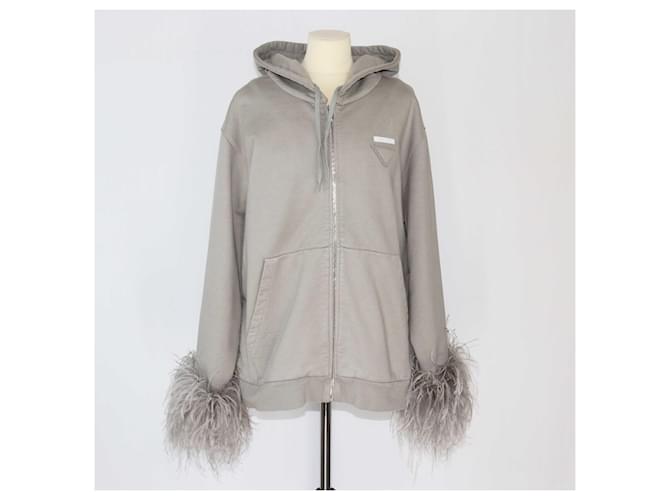 Prada Gray Feather Trimmed Hoodie Jacket Cotton  ref.1393447
